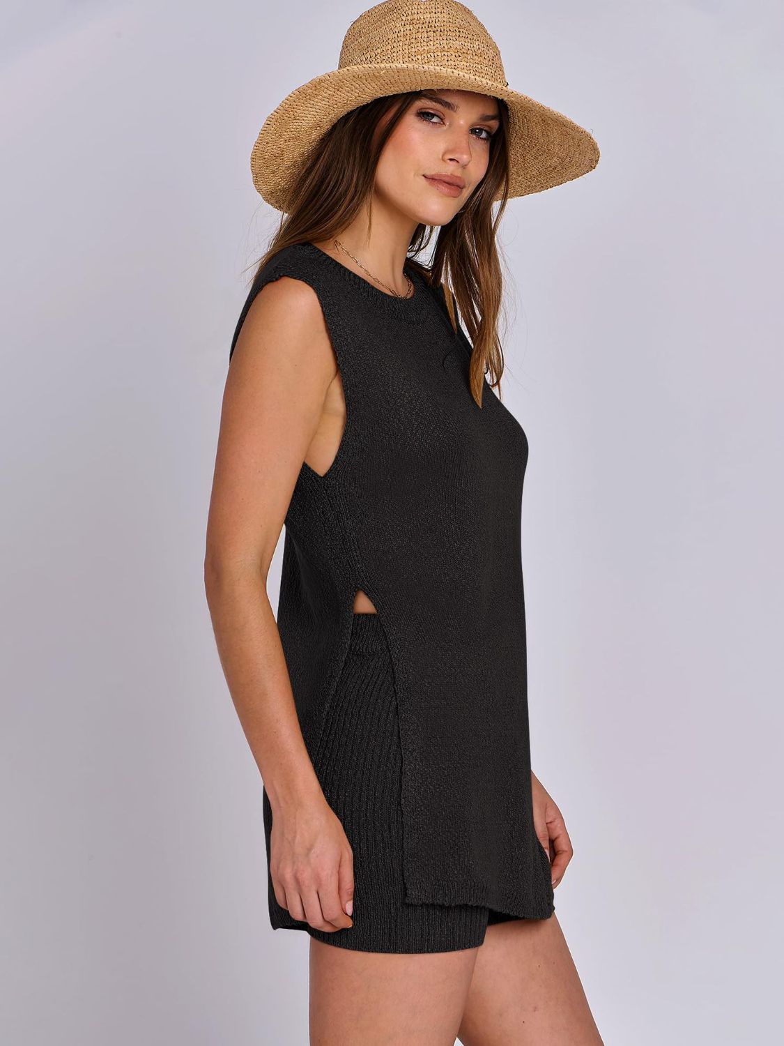 Mandy Side Slit Round Neck Tank and Shorts Sweater Set - Drazelle Store