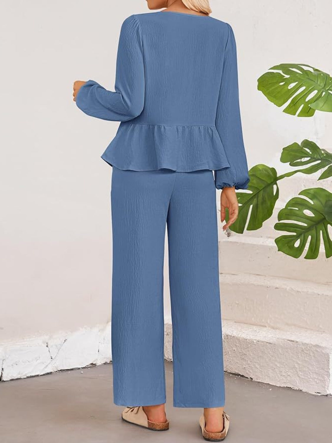 Tie Neck Balloon Sleeve Top and Pants Set - Drazelle Store