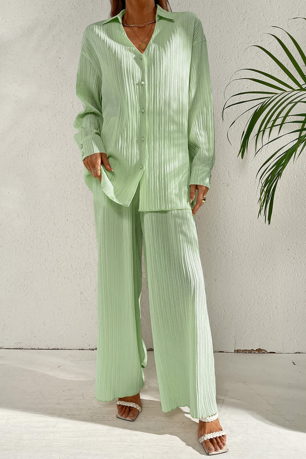 Johnny Collar Button Down Top and Pants Set - Drazelle Store