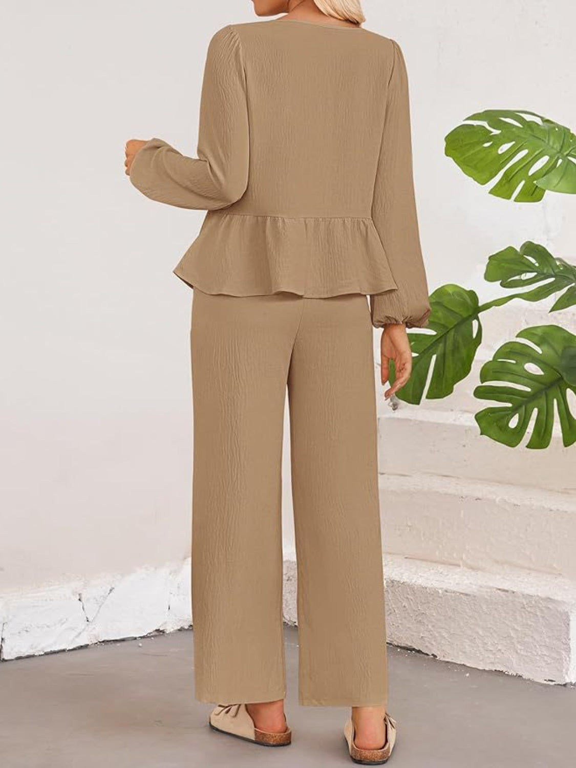 Tie Neck Balloon Sleeve Top and Pants Set - Drazelle Store