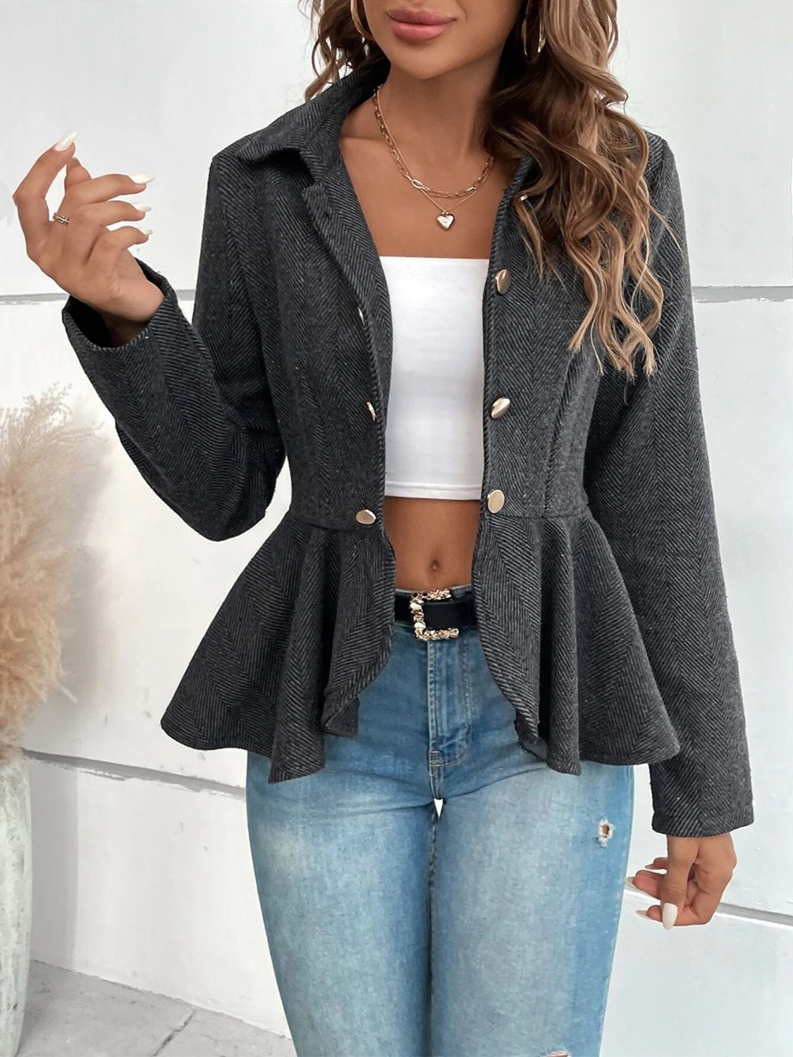 Ruffle Hem Collared Blazer - Drazelle Store