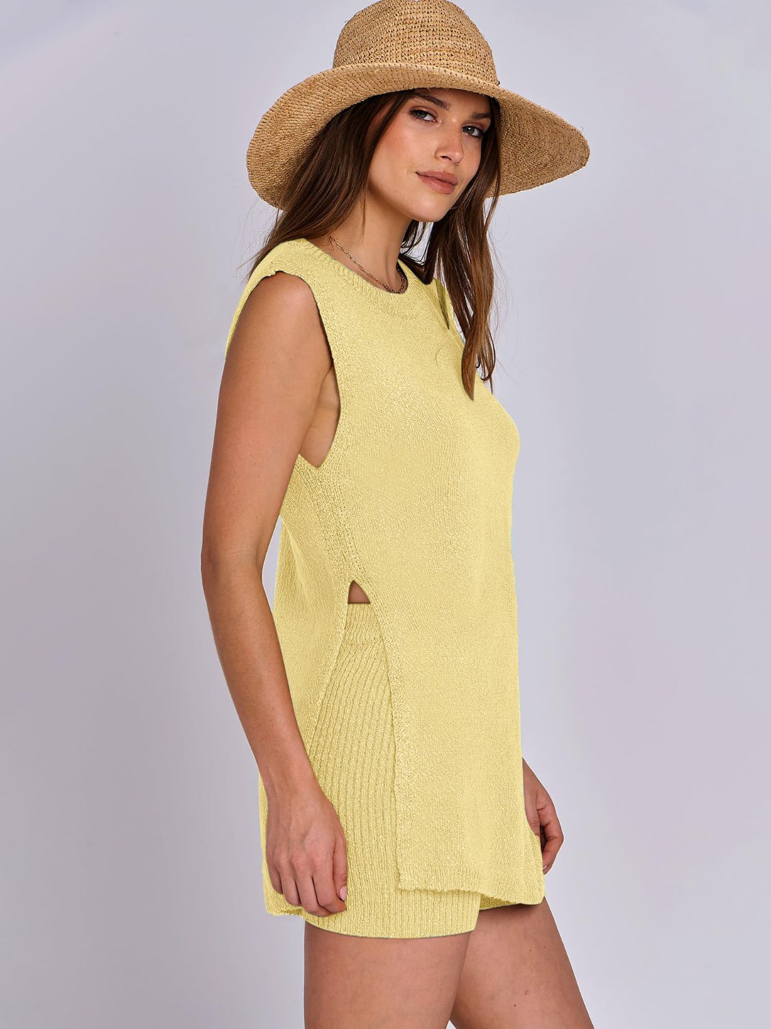 Mandy Side Slit Round Neck Tank and Shorts Sweater Set - Drazelle Store
