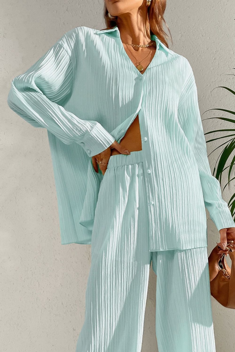 Johnny Collar Button Down Top and Pants Set - Drazelle Store