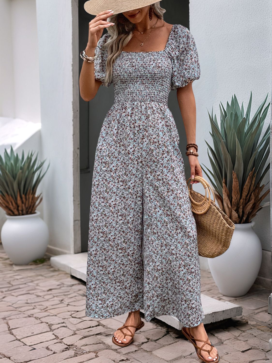 Floral Smocked Square Neck Puff Sleeve Jumpsuit - Drazelle Store