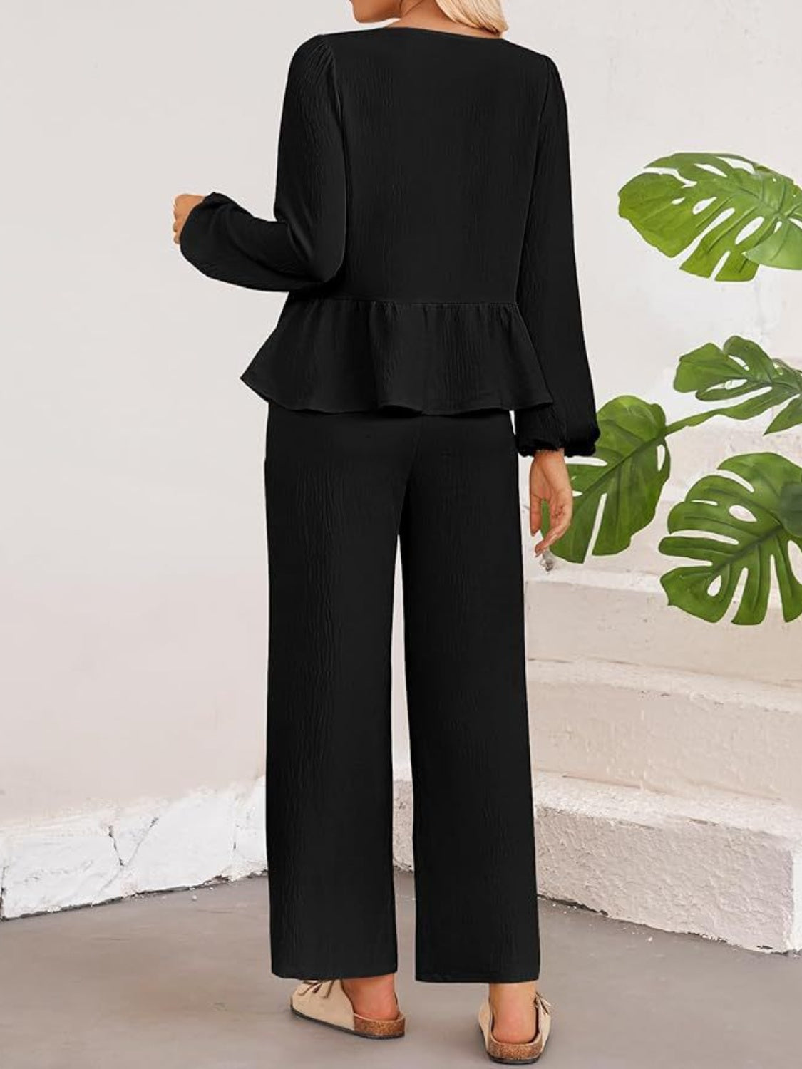 Tie Neck Balloon Sleeve Top and Pants Set - Drazelle Store