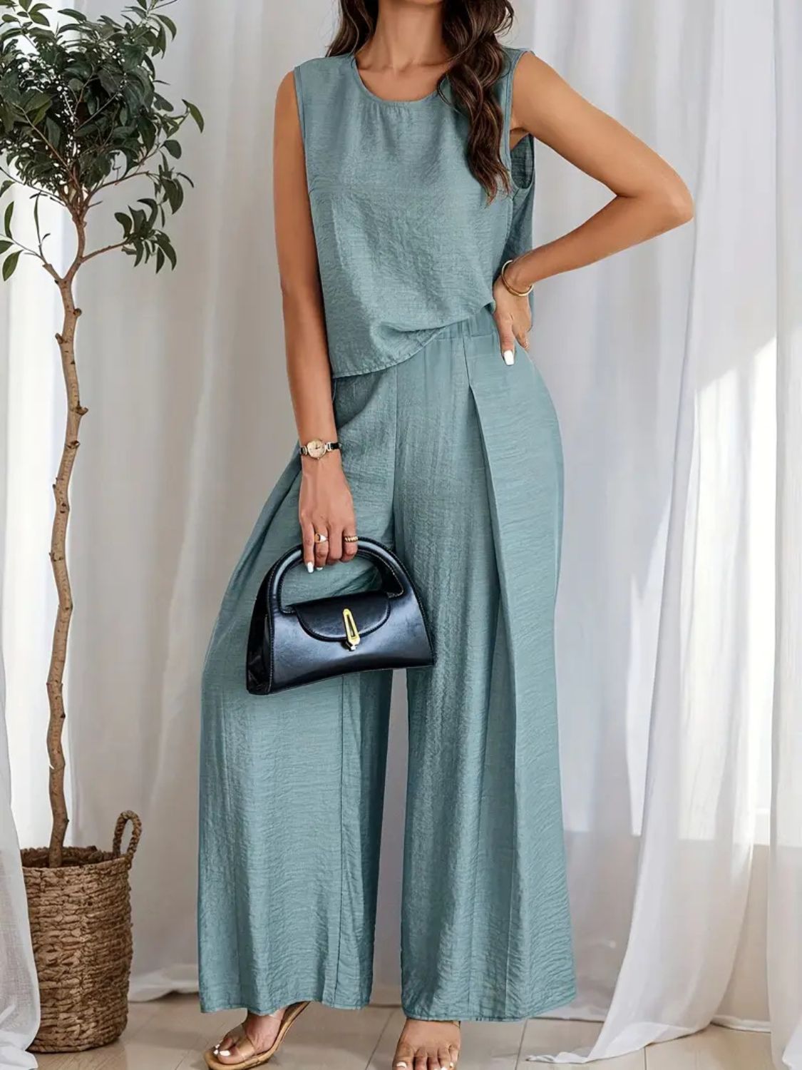 Round Neck Sleeveless Top and Wide Leg Pants Set - Drazelle Store
