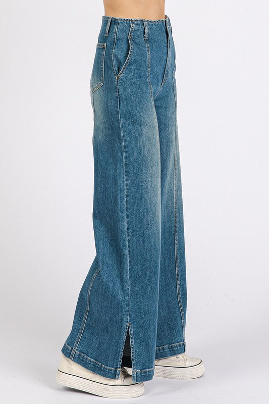 Wash Seam Detail Wide Leg Denim Jeans - Drazelle Store