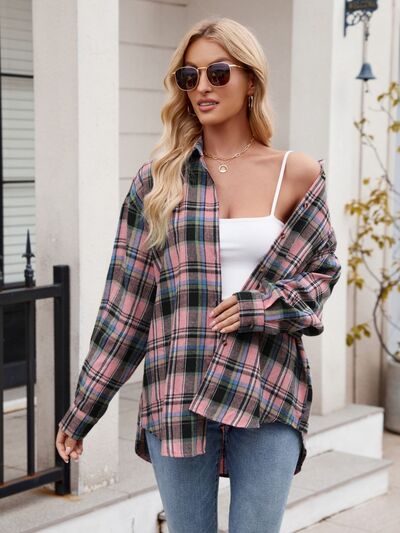 Mandy Pocketed Plaid Collared Neck Long Sleeve Shirt - Drazelle Store