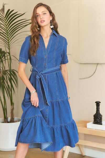 ADORA Tiered Button Down Tie Waist Short Sleeve Denim Dress - Drazelle Store