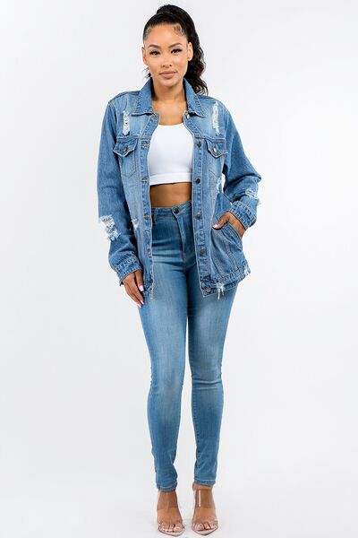 American Button Up Distressed Denim Jacket - Drazelle Store