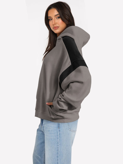 Contrast Dropped Shoulder Long Sleeve Hoodie - Drazelle Store