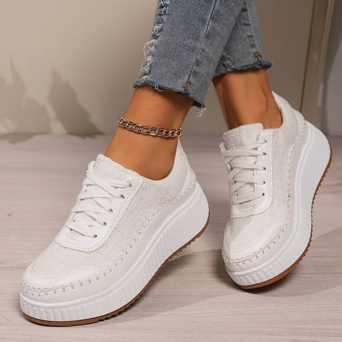 Sequin Round Toe Platform Lace Up Sneakers - Drazelle Store