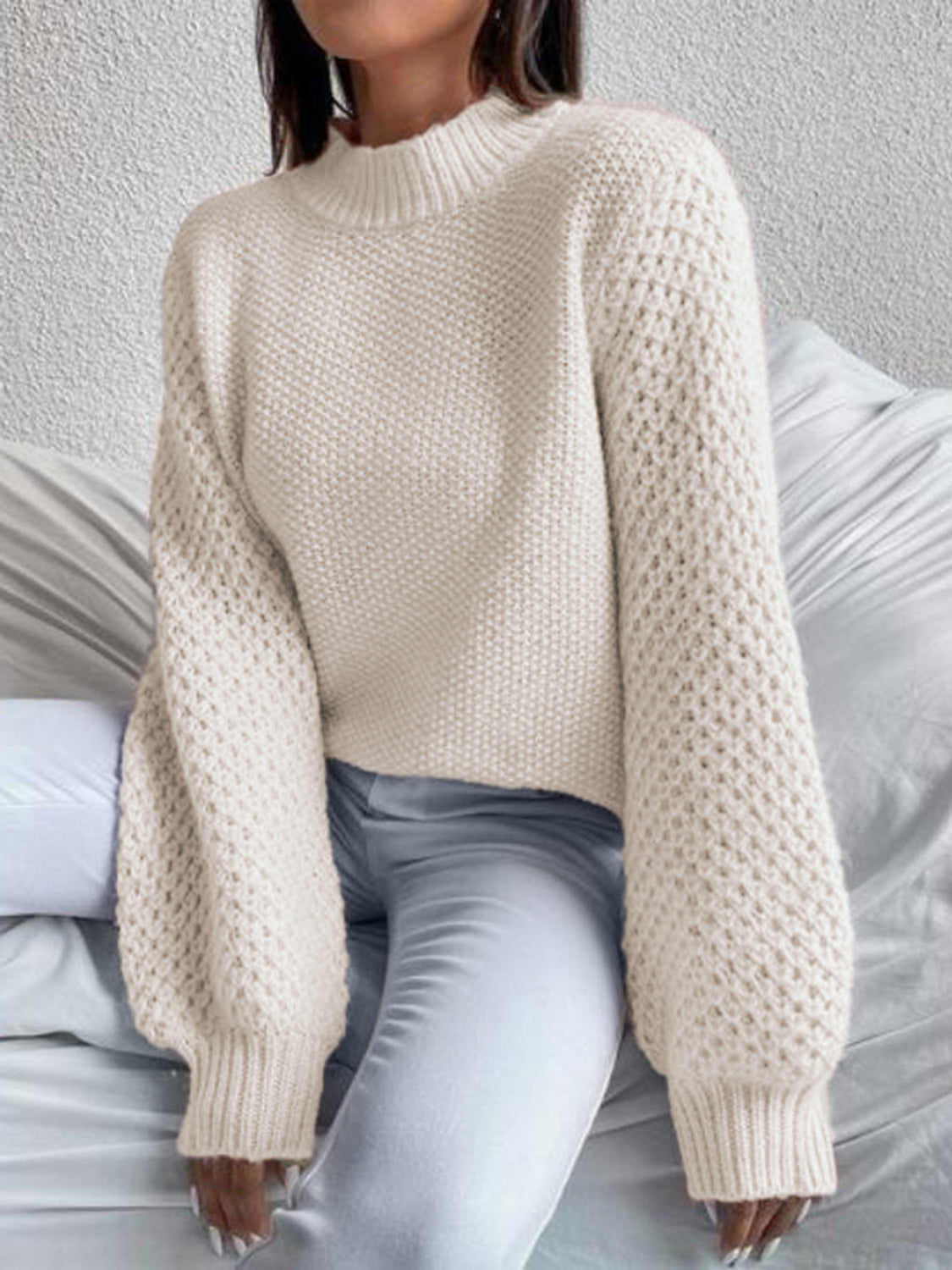 Openwork Mock Neck Long Sleeve Sweater - Drazelle Store