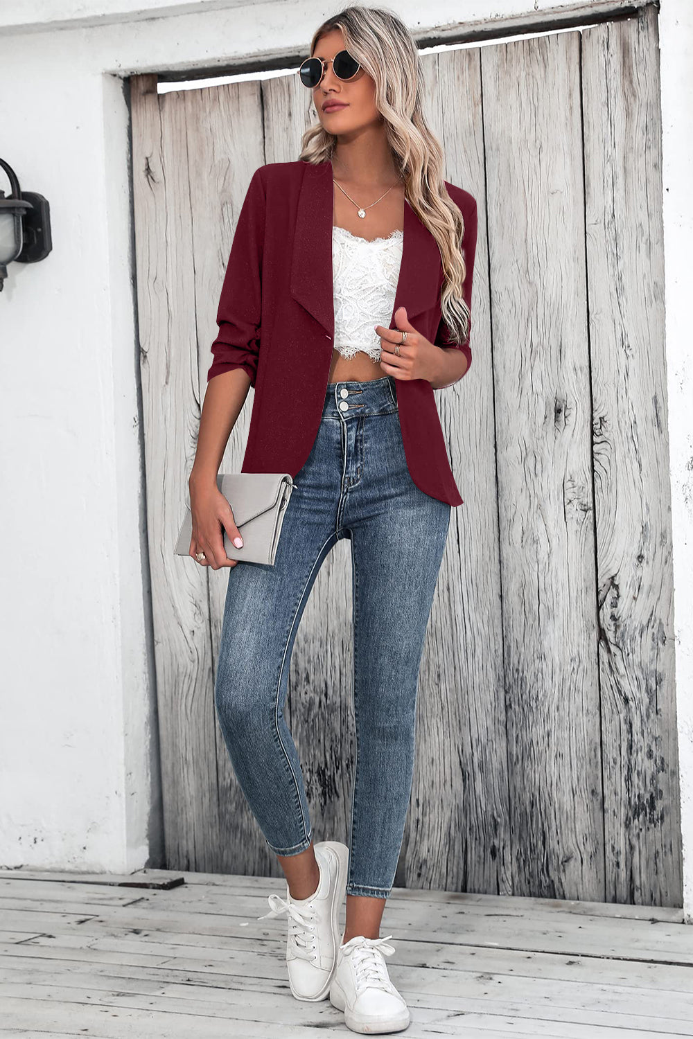 One Button Collared Neck Ruched Sleeve Blazer - Drazelle Store