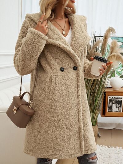 Devine Pocketed Long Sleeve Hooded Teddy Coat - Drazelle Store