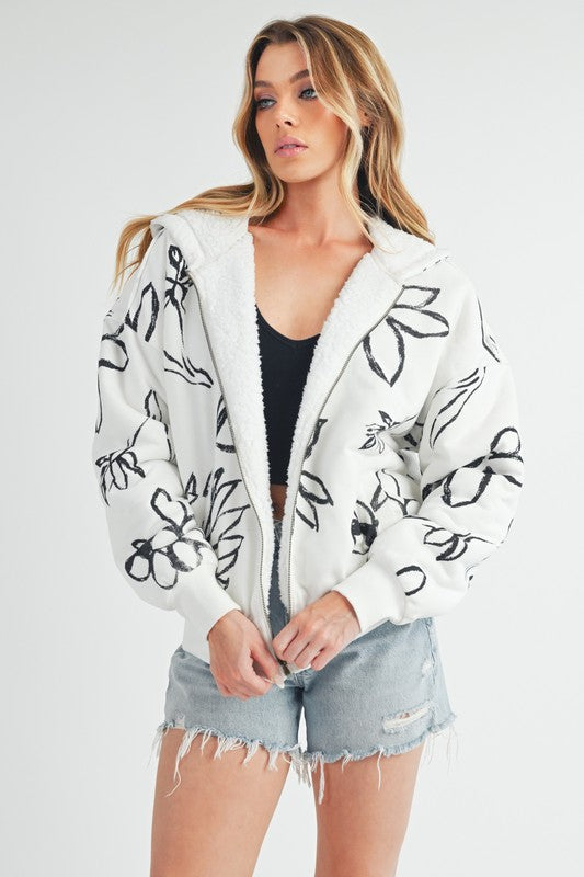 Flower Print Zip Up Sherpa Hoodie - Drazelle Store