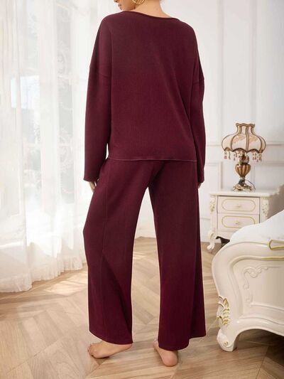 V-Neck Long Sleeve Top and Wide Leg Pants Set - Drazelle Store