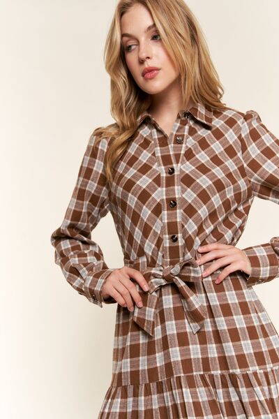 Plaid Tiered Midi Shirt Dress - Drazelle Store