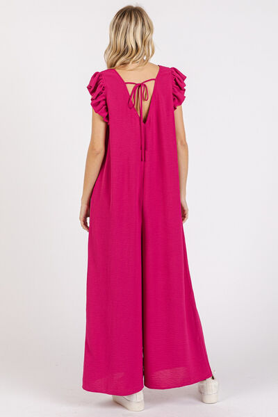 Mittoshop V-Neck Ruffled Cap Sleeve Wide Leg Jumpsuit - Drazelle Store