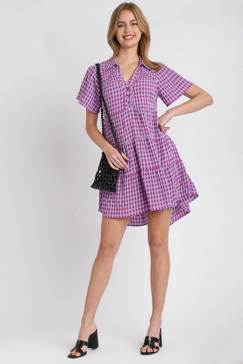 Gingham Tiered Button Detail Short Sleeve Dress - Drazelle Store