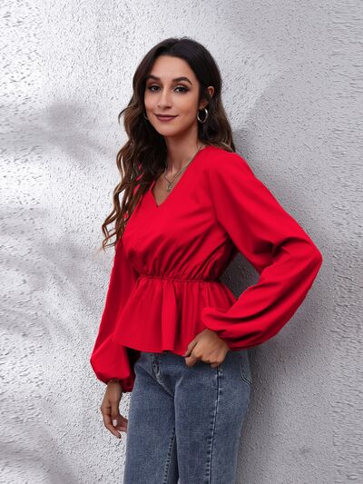 V-Neck Balloon Sleeve Peplum Blouse - Drazelle Store