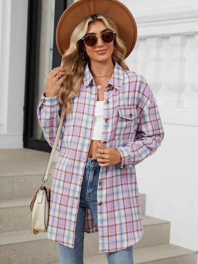 Plaid Collared Neck Long Sleeve Shirt - Drazelle Store