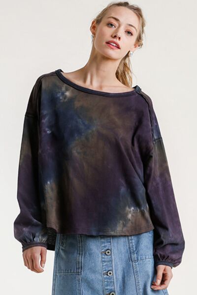 Umgee Full Size Tie Dye Round Neck Long Balloon Sleeve Top Plus Size - Drazelle Store