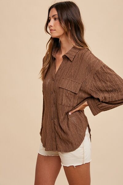 Annie Wear Openwork Button Down Drop Shoulder Shirt - Drazelle Store