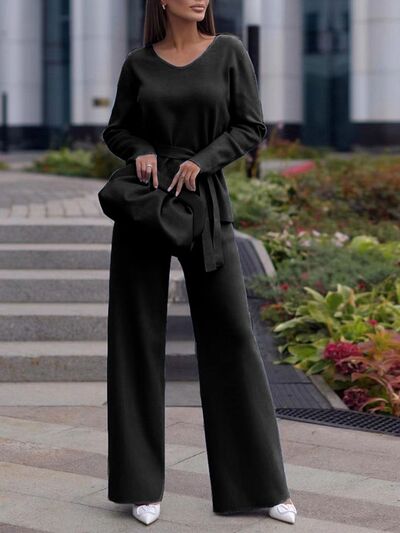 V-Neck Long Sleeve Top and Drawstring Pants Sweater Set - Drazelle Store