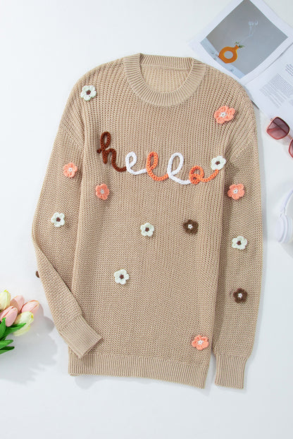 HELLO Flower Round Neck Long Sleeve Sweater - Drazelle Store