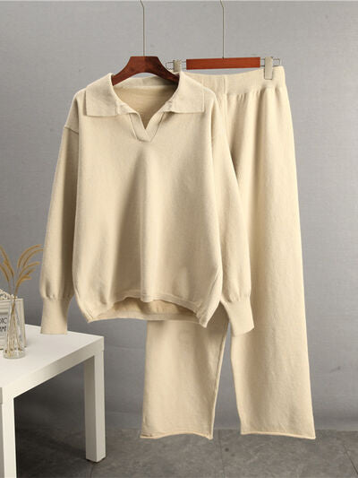 Johnny Collar Long Sleeve Top and Pants Sweater Set - Drazelle Store