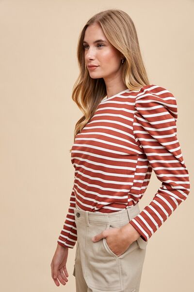 Annie Wear Striped Round Neck Puff Sleeve French Terry Top - Drazelle Store