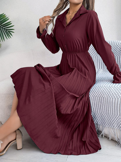 Pleated Half Button Long Sleeve Midi Dress - Drazelle Store