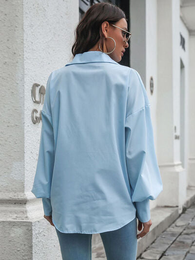 Button Up Dropped Shoulder Lantern Sleeve Shirt - Drazelle Store