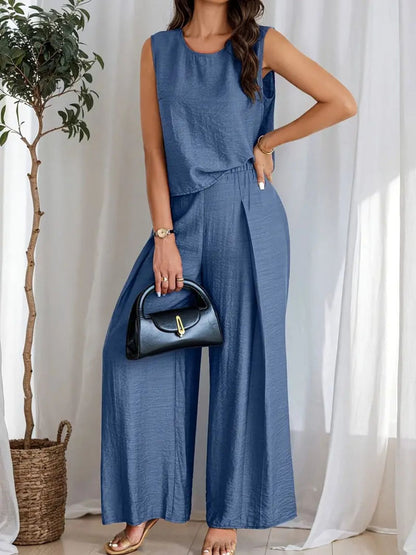 Round Neck Sleeveless Top and Wide Leg Pants Set - Drazelle Store