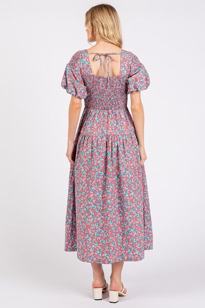 Mittoshop Smocked Floral Square Neck Puff Sleeve Midi Dress - Drazelle Store