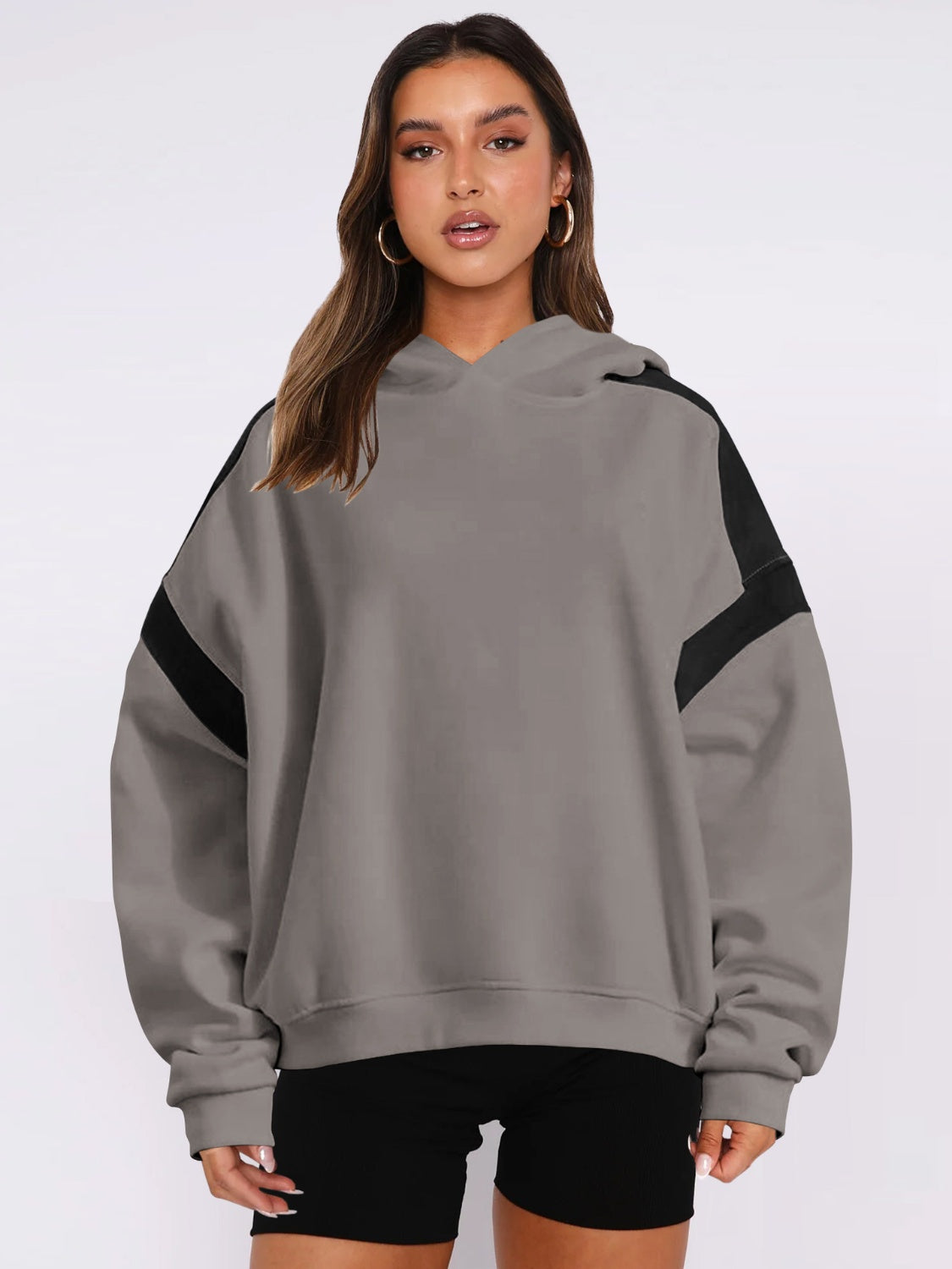 Contrast Dropped Shoulder Long Sleeve Hoodie - Drazelle Store