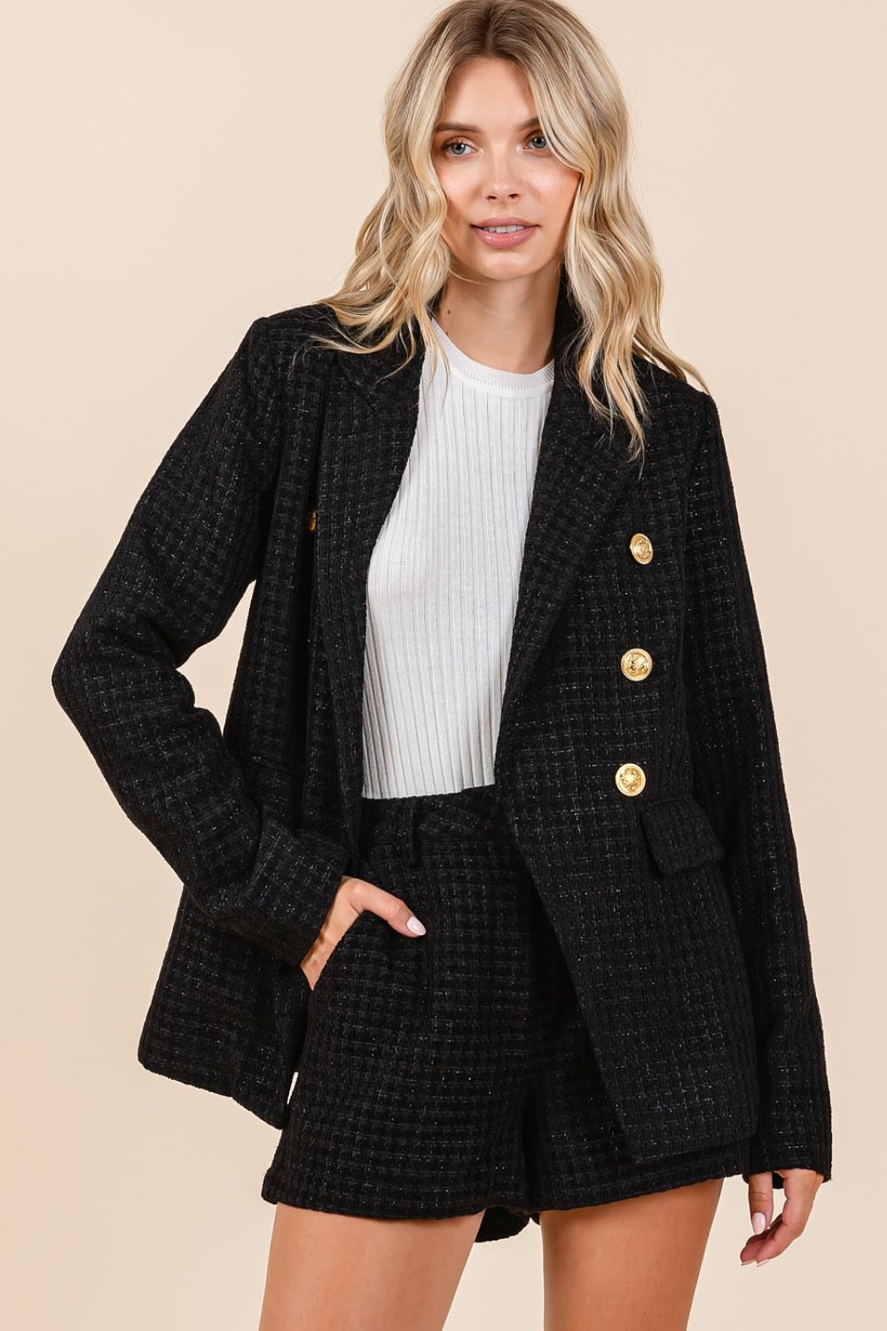 Plaid Texture Double-Breasted Long Sleeve Blazer - Drazelle Store