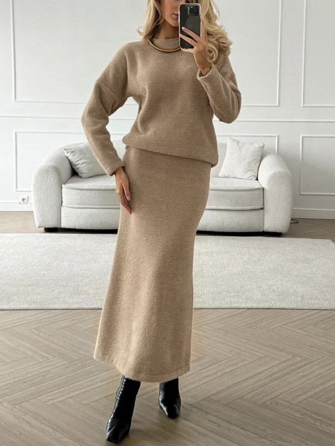 Round Neck Dropped Shoulder Top and Midi Skirt Sweater Set - Drazelle Store