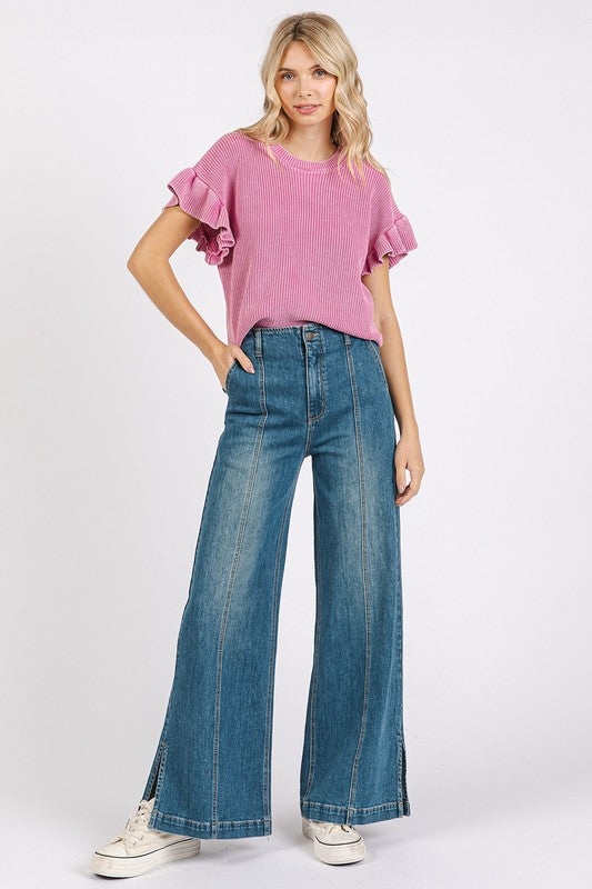 Wash Seam Detail Wide Leg Denim Jeans - Drazelle Store