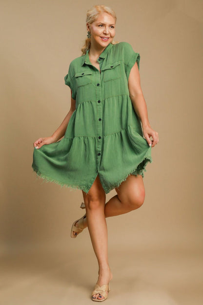 Frayed Hemline Button Down Shirt Dress - Drazelle Store