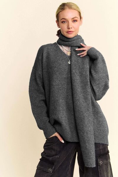 Davi & Dani V-Neck Dropped Shoulder Sweater with Scarf Set - Drazelle Store