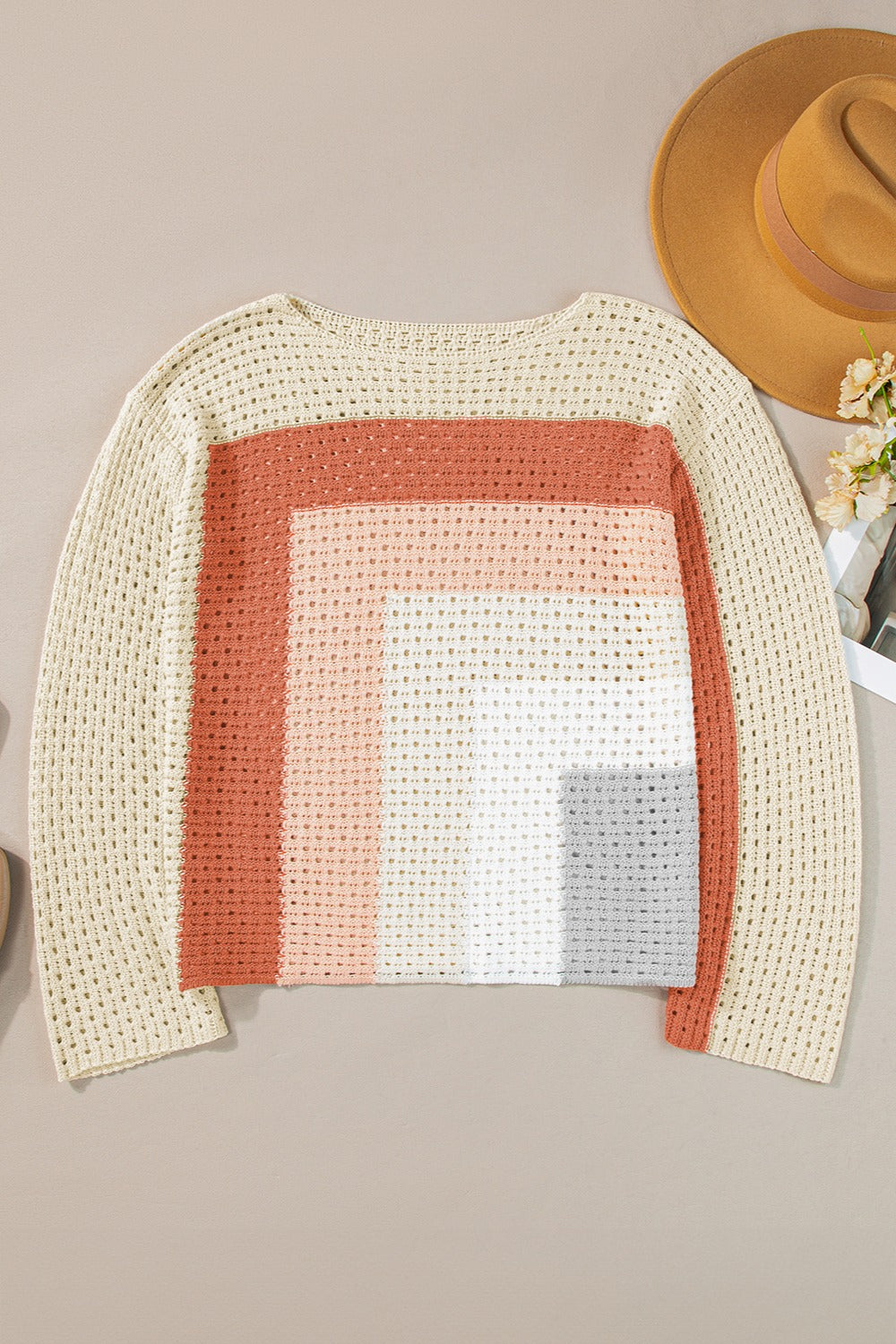 Openwork Color Block Long Sleeve Knit Top - Drazelle Store