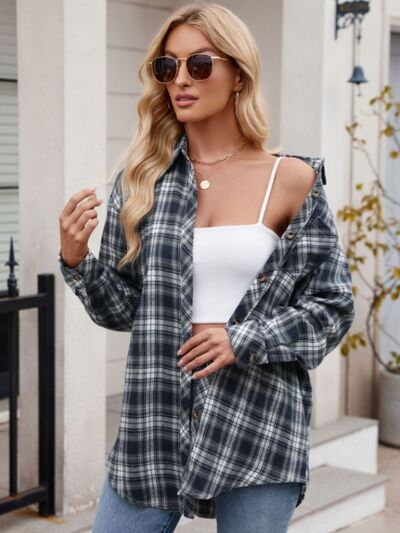 Mandy Pocketed Plaid Collared Neck Long Sleeve Shirt - Drazelle Store