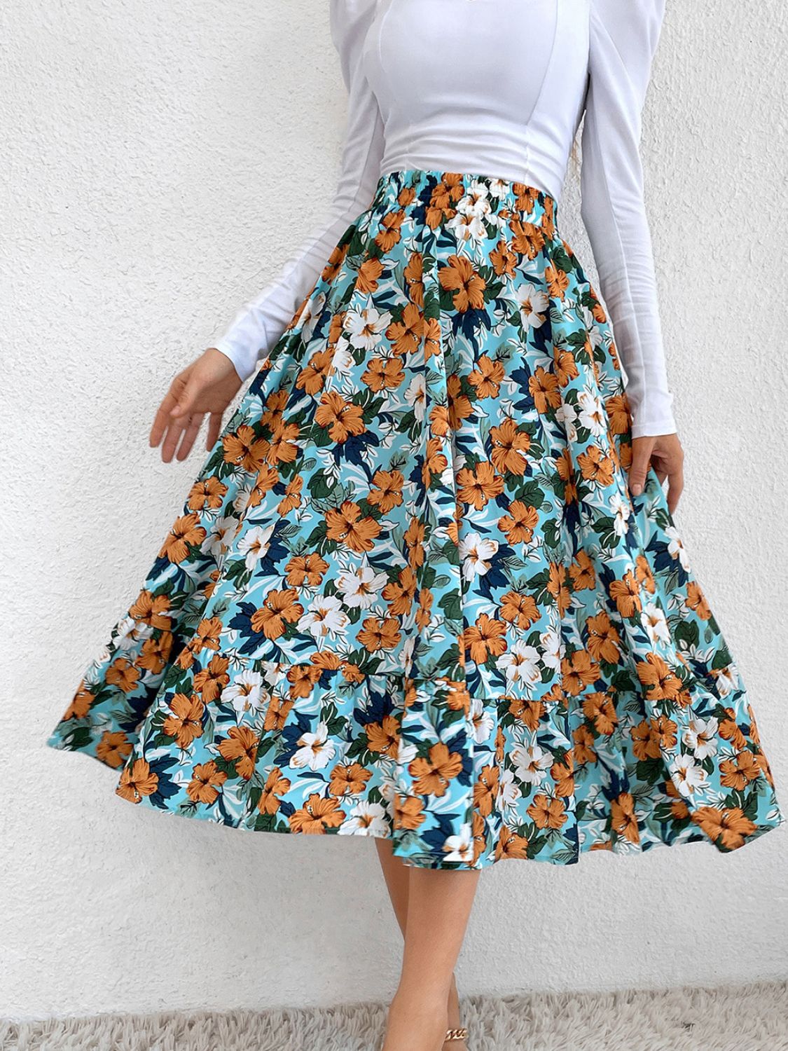 Printed Elastic Waist Midi Skirt - Drazelle Store