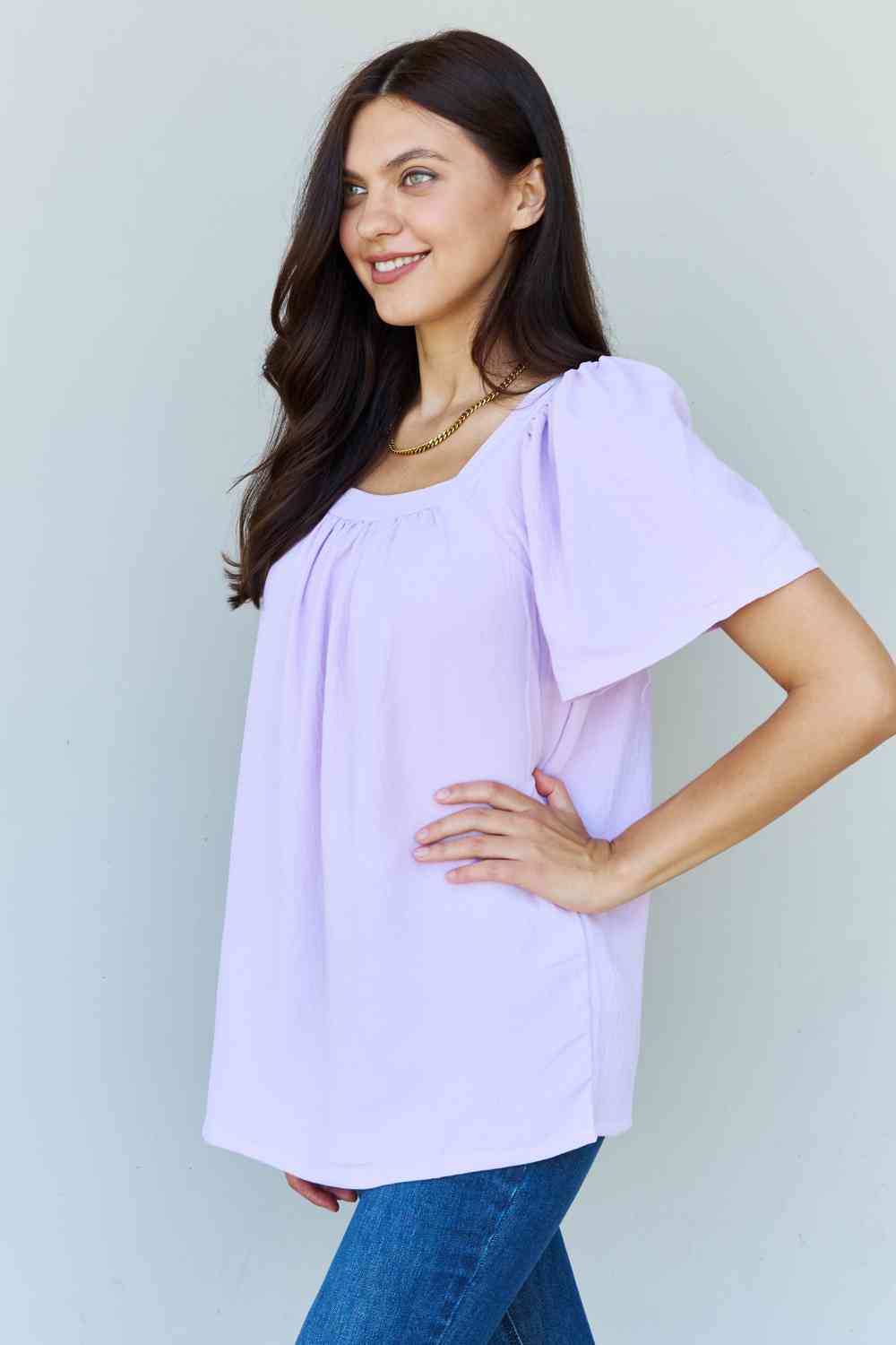 Ninexis Keep Me Close Square Neck Short Sleeve Blouse in Lavender - Drazelle Store