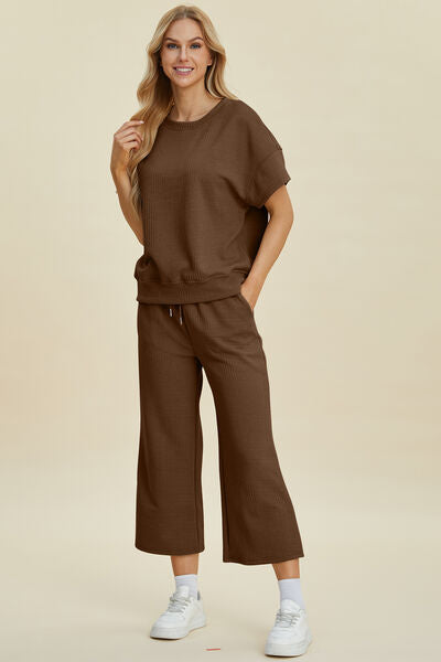 Double Take Full Size Texture Round Neck Top and Pants Set - Drazelle Store