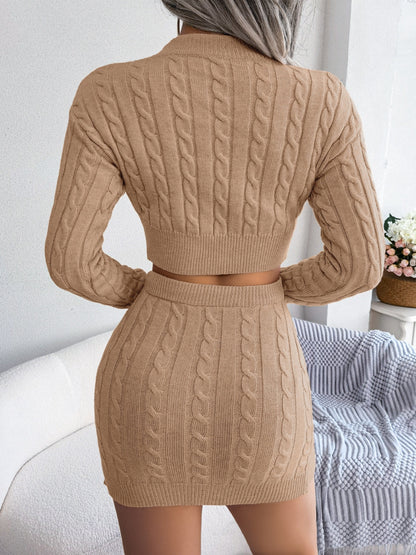 Cable-Knit Round Neck Top and Skirt Sweater Set - Drazelle Store