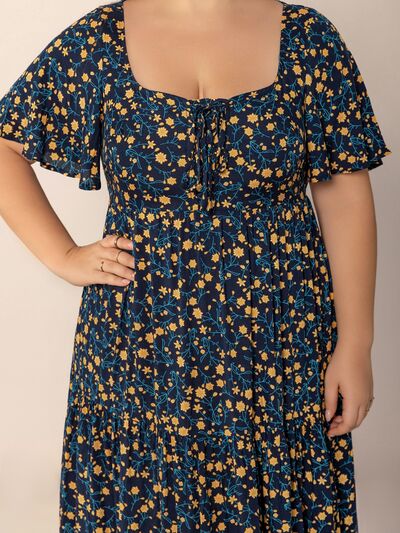 Plus Size Printed Short Sleeve Slit Tiered Maxi Dress - Drazelle Store