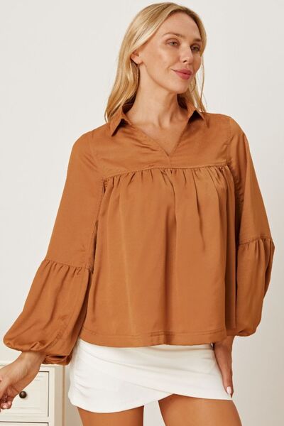 Balloon Sleeve Collared Neck Blouse - Drazelle Store